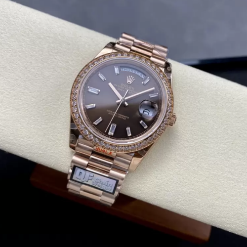 QF공장 롤렉스 데이데이트 40 브라운 바게트 다이얼 다이아 베젤 로즈골드 금통 228345