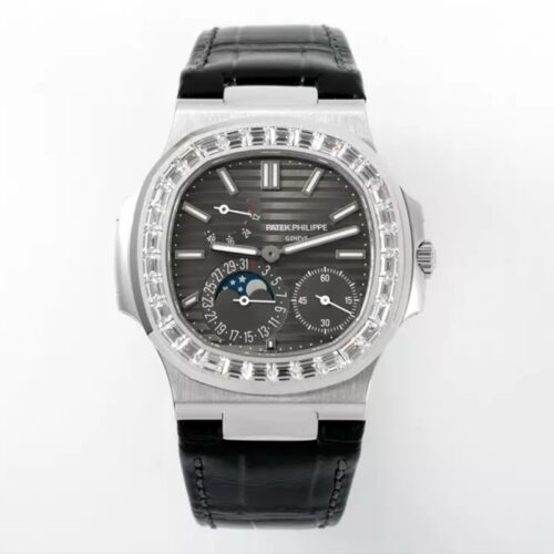 PPF공장 파텍필립 노틸러스 문페이즈 블랙 다이얼 다이아 베젤 가죽밴드 5712G