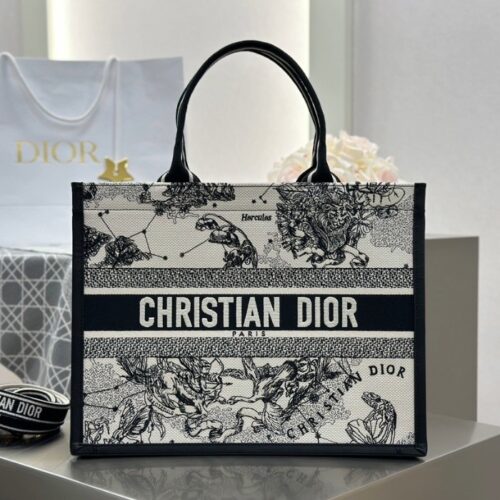 디올 미디엄 북 토트백 조디악 자수 라떼 블랙