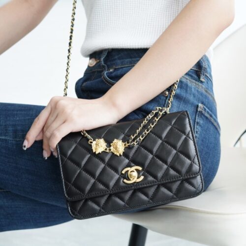 팬더샵 샤넬 체인 지갑 그레인드 샤이니 카프스킨 & 골드 메탈 블랙