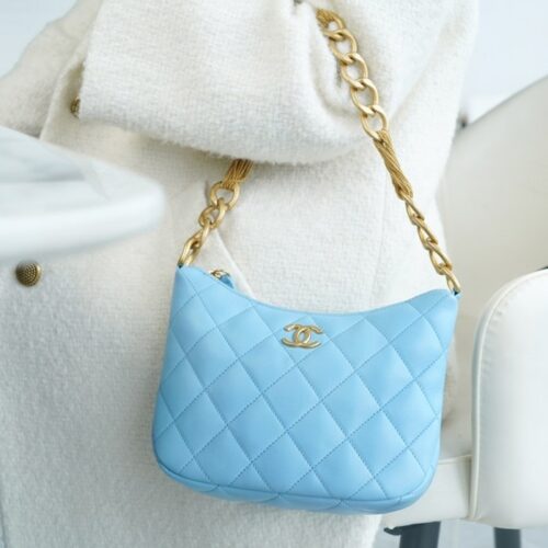 팬더샵 샤넬 램스킨 퀼팅 CC 체인 호보백 블루