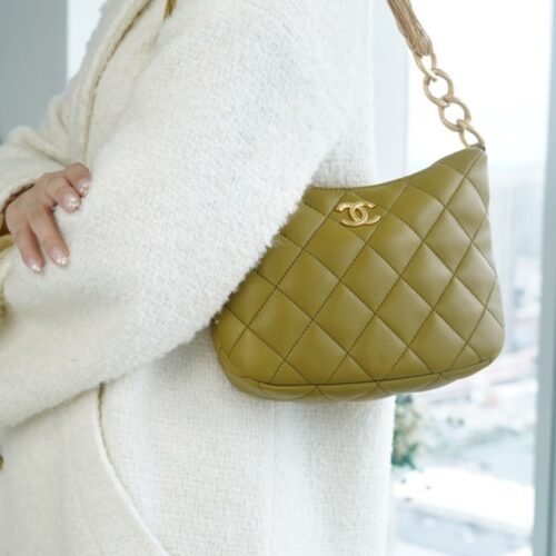팬더샵 샤넬 램스킨 퀼팅 CC 체인 호보백 머스타드 그린