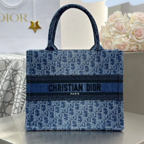 디올 스몰 블루 데님 오블리크 북 토트백