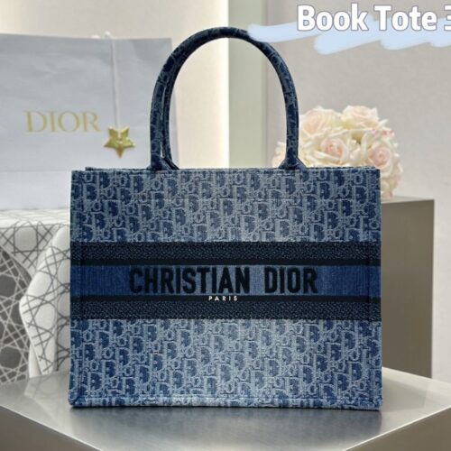 디올 미디엄 블루 데님 오블리크 북 토트백