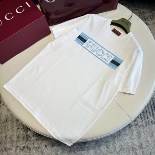 구찌 네이비 프린트 코튼 저지 티셔츠 화이트