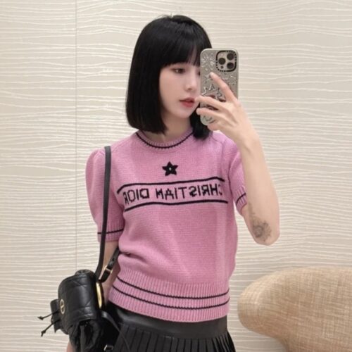 디올 반소매 스웨터 블루 울 캐시미어 니트 핑크