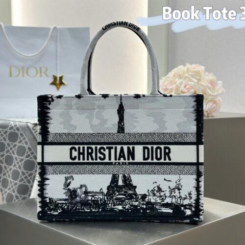 디올 미디엄 북 토트백 파리 자수 화이트 블랙