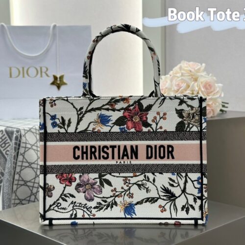 디올 미디엄 북 토트백 마이크로 플라워 자수 화이트 M1296ZRFS