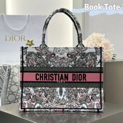 디올 미디엄 북 토트백 버터플라이 어라운드 더월드 자수 화이트&핑크