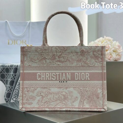 디올 미디엄 북 토트백 에크루 핑크 트왈 드 주이 자수