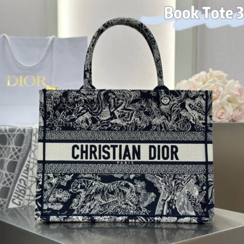 디올 미디엄 북 토트백 블랙 화이트 트왈 드 주이 자수