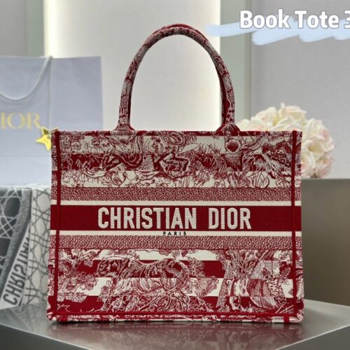 디올 미디엄 북 토트백 레드 트왈 드 주이 자수