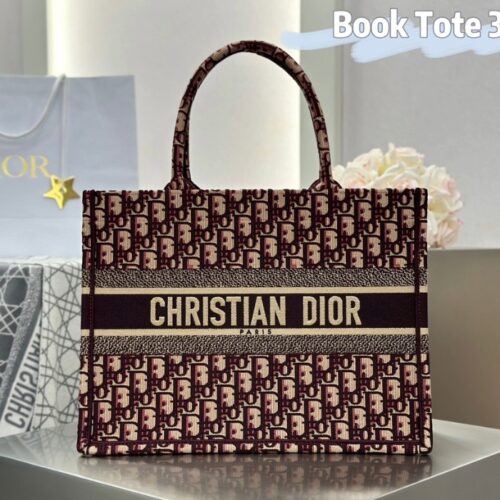 디올 미디엄 북 토트백 레드 오블리크 자수