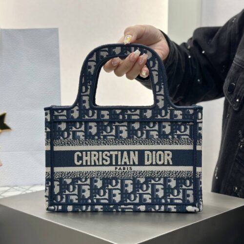 디올 미니 북 토트백 네이비 블루 오블리크 자수