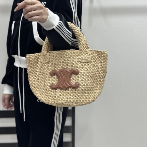 셀린느 서플 스몰 트리옹프 셀린느 클래식 파니에 라피아 카프스킨 탄