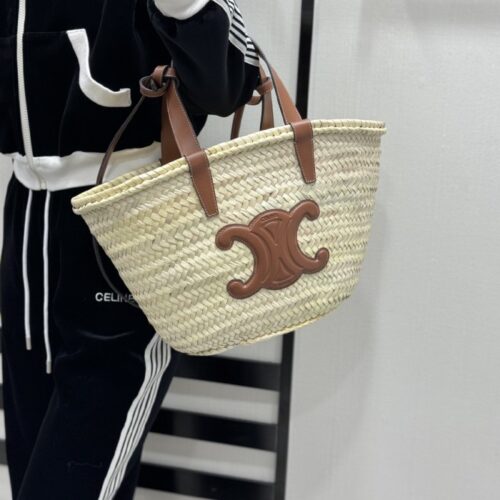 셀린느 트리옹프 클래식 파니에 라피아 카프스킨 탠 숄더백 23cm