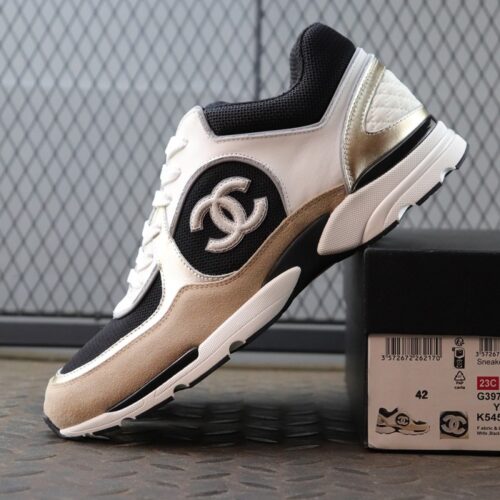 샤넬 스니커즈 카프스킨 패브릭 & 화이트 블랙 베이지 골드