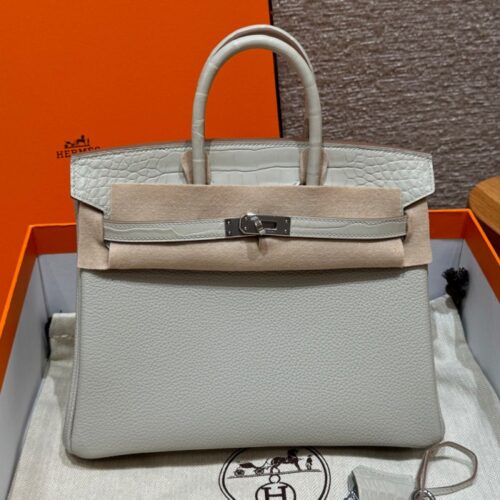 올수공 에르메스 버킨 25 80/Girs Perle 토고 & 악어 가죽 실버 하드웨어