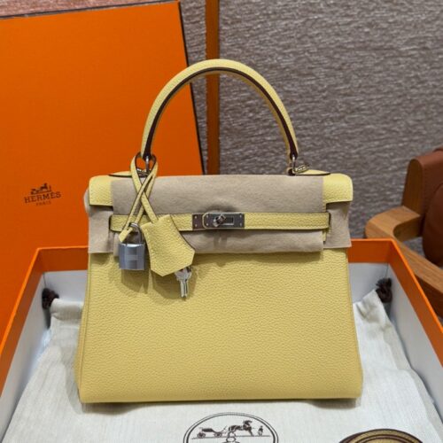 올수공 에르메스 켈리 25 1Z/Jaune Poussin/5P/Pink 토고 가죽 실버 하드웨어