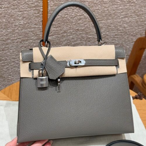 올수공 에르메스 켈리 25 0L/Gris meyer 체브레 가죽 실버 하드웨어