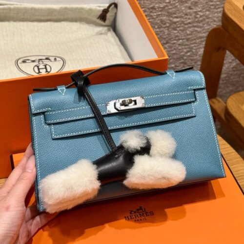 올수공 에르메스 미니 켈리 포쉐트 75/Blue Jean 엡송 가죽 실버 하드웨어