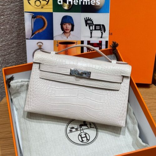 올수공 에르메스 미니 켈리 포쉐트 10/Craie 악어 가죽 실버 하드웨어