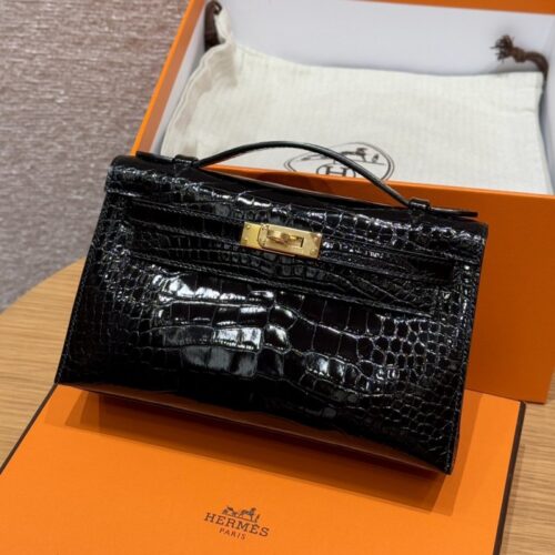 올수공 에르메스 미니 켈리 포쉐트 89/Noir 악어 가죽 골드 하드웨어