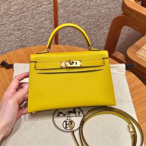 올수공 에르메스 미니 켈리 9o/Jaune Naples 체브레 가죽 골드 하드웨어