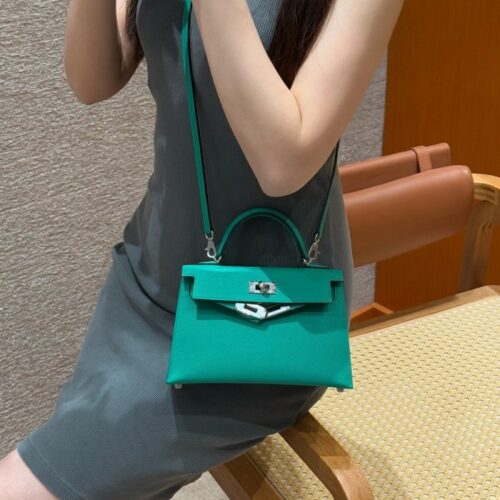 올수공 에르메스 미니 켈리 O6/Vert jade 엡송 가죽 실버 하드웨어