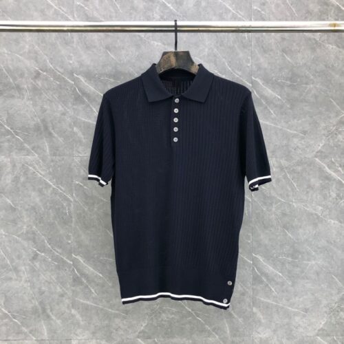 톰브라운 코튼 사선 케이블 니트 숏슬리브 폴로 셔츠 네이비