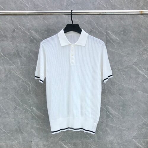 톰브라운 코튼 사선 케이블 니트 숏슬리브 폴로 셔츠 화이트