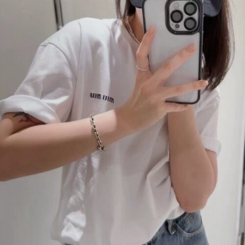 미우미우 베이직 자수 반팔 티셔츠 화이트