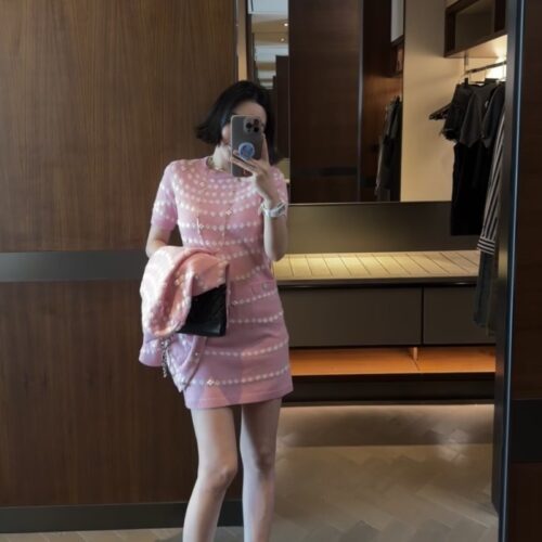 샤넬 25SS 도트 펄 퓨어 울 맥시 드레스 핑크