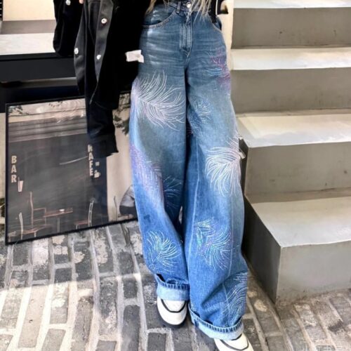 샤넬 25SS 시폰 케이프 페더 모티프 자수 데님 팬츠