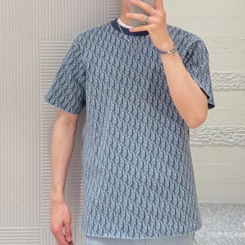 디올 오블리크 캐주얼 핏 블루 코튼 자카드 티셔츠