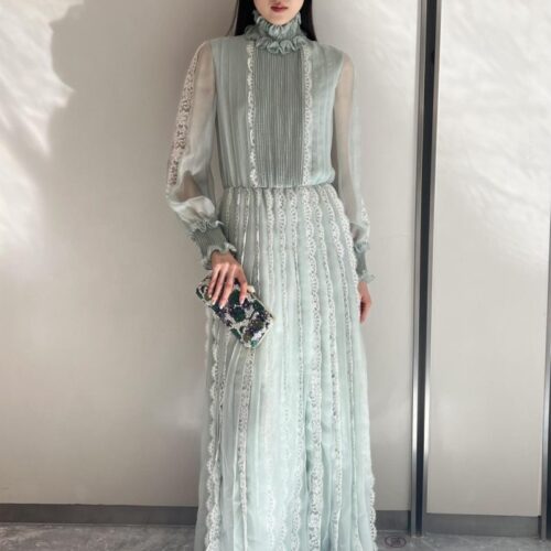 발렌티노 가라바니 러플 레이스 트리밍 플리츠 실크 시폰 드레스