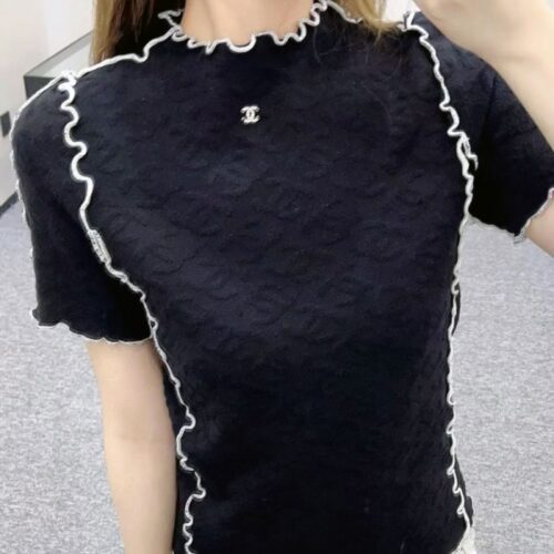 샤넬 25SS 자카드 로고 니트 반팔 블랙