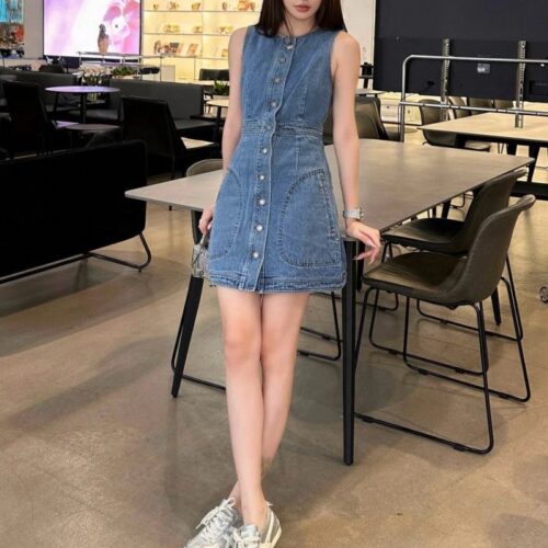 루이비통 버튼 프론트 데님 드레스