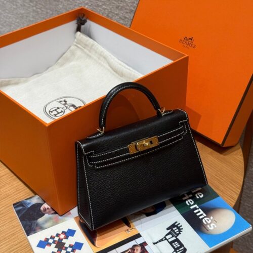 올수공 에르메스 미니 켈리 Noir & Rouge Coeur 쉐브르 가죽 골드 하드웨어