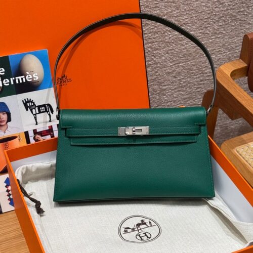 올수공 에르메스 켈리 엘란 Vert vertigo 쉐브르 가죽 실버 하드웨어