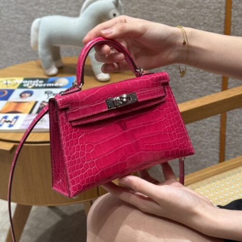 올수공 에르메스 미니 켈리 Fushsia 악어 가죽 실버 하드웨어