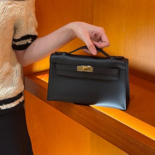 올수공 에르메스 미니 켈리 포쉐트 Noir 스위프트 가죽 골드 하드웨어