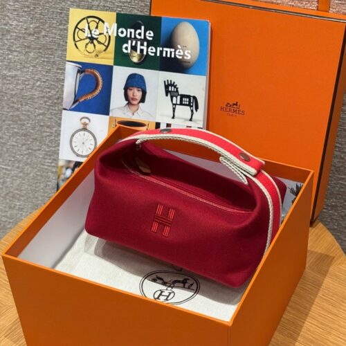 올수공 에르메스 브리드 어 브랙 파우치 PM Carmin 코튼 실버 하드웨어