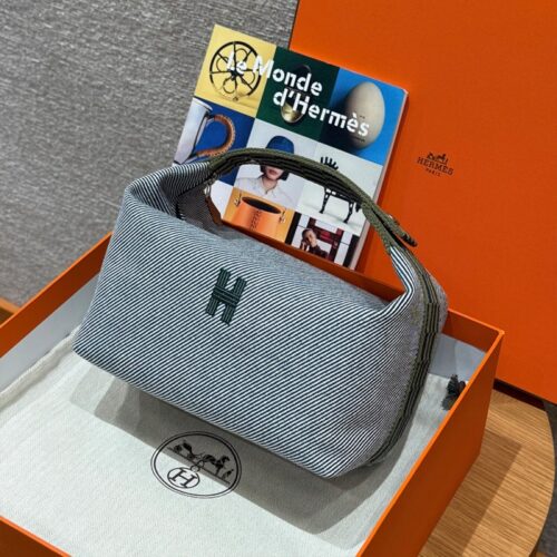 올수공 에르메스 브리드 어 브랙 파우치 GM Bleu Abysse 코튼 실버 하드웨어