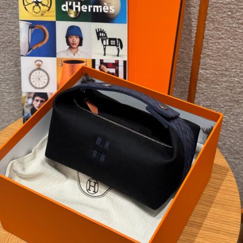 올수공 에르메스 브리드 어 브랙 파우치 PM noir & Blue nuit 코튼 실버 하드웨어