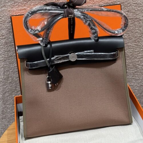 올수공 에르메스 에르백 31 Etoupe & Noir 캔버스 & 소가죽 골드 하드웨어