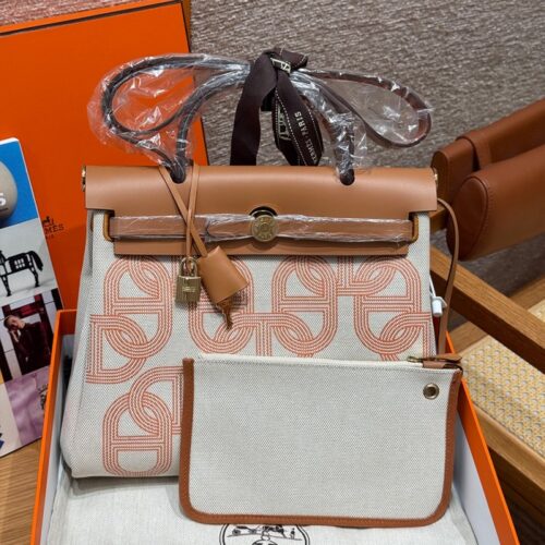 올수공 에르메스 에르백 31 orange mécano & beige 캔버스 & 소가죽 골드 하드웨어