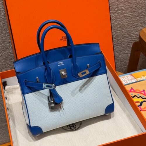 올수공 에르메스 버킨 25 Blue France 스위프트 가죽 & 캔버스 실버 하드웨어