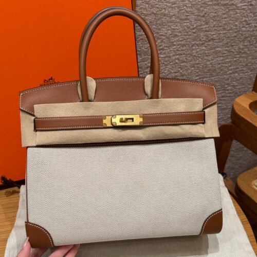 올수공 에르메스 버킨 25 Gold 스위프트 가죽 & 캔버스 골드 하드웨어