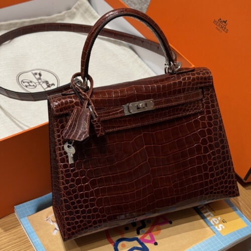 최고퀄 에르메스 올수공 켈리 25 Miel 악어 가죽 은장